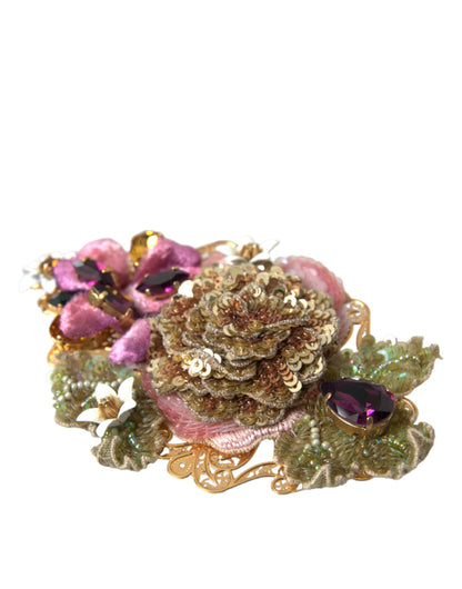 Dolce &amp; Gabbana Gold Brass Floral Crystal Sequined Hair Clip