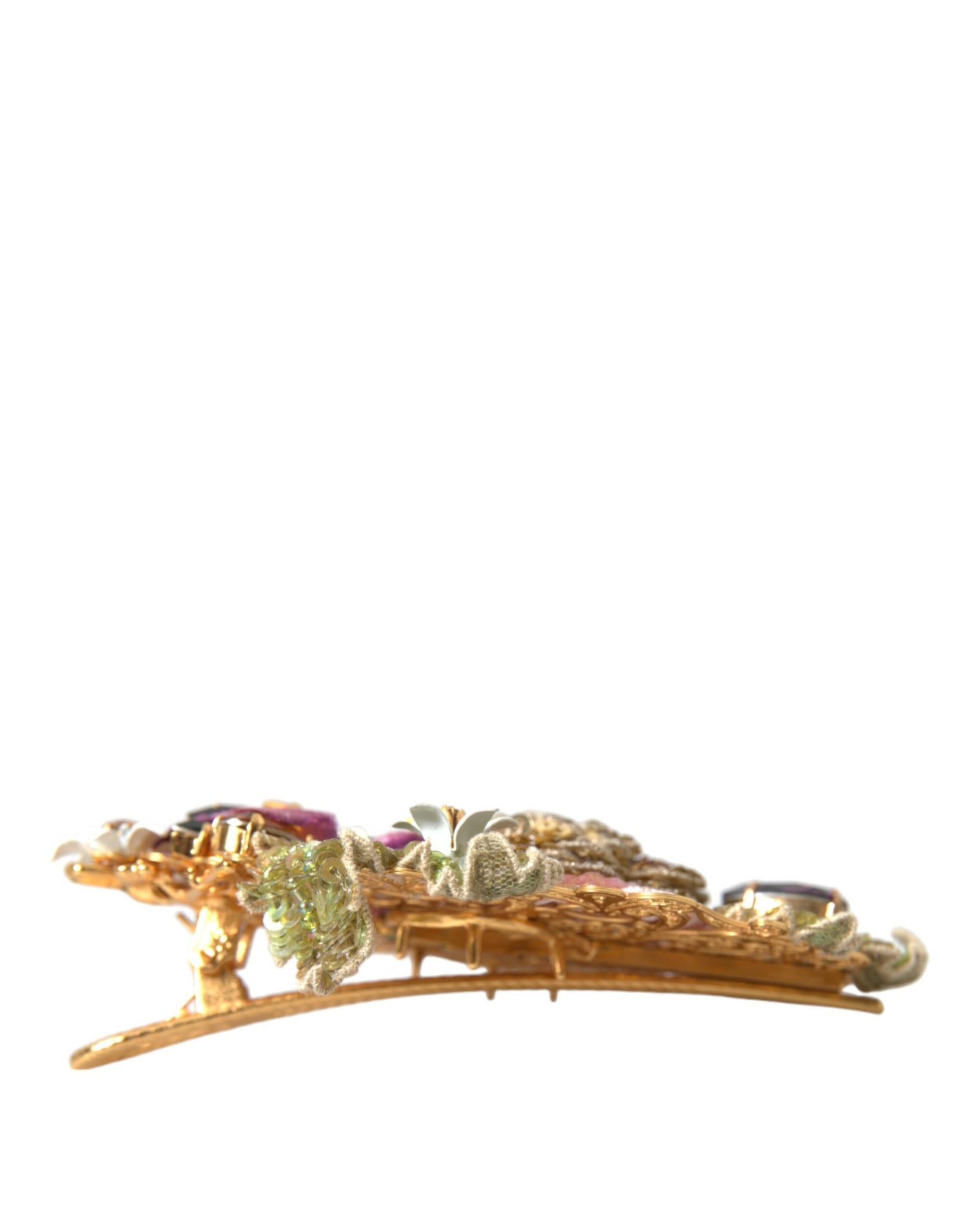 Dolce &amp; Gabbana Gold Brass Floral Crystal Sequined Hair Clip