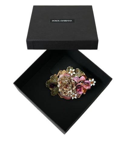 Dolce &amp; Gabbana Gold Brass Floral Crystal Sequined Hair Clip