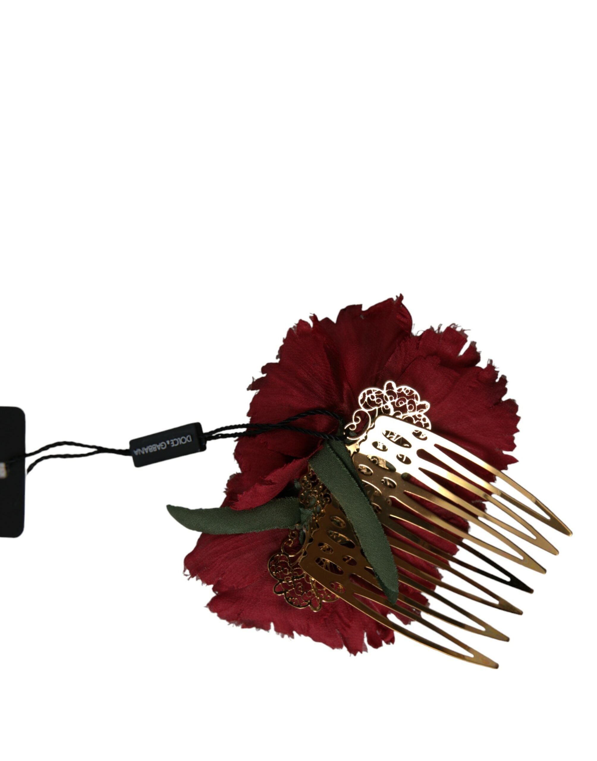 Dolce &amp; Gabbana Red Silk Floral Gold Brass Women Hair Comb