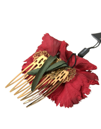 Dolce &amp; Gabbana Red Silk Floral Gold Brass Women Hair Comb