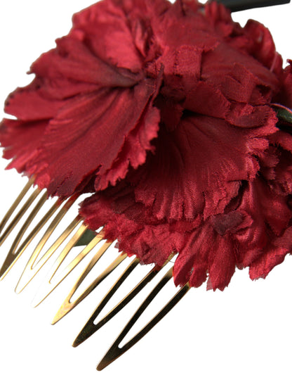 Dolce &amp; Gabbana Red Silk Floral Gold Brass Women Hair Comb