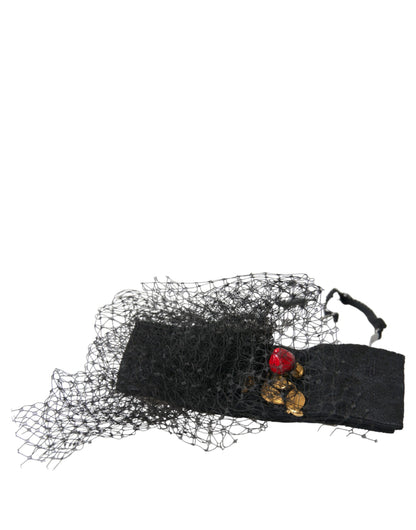 Dolce &amp; Gabbana Black Strawberry Sicily Crystal Mesh Net Headband Diadem