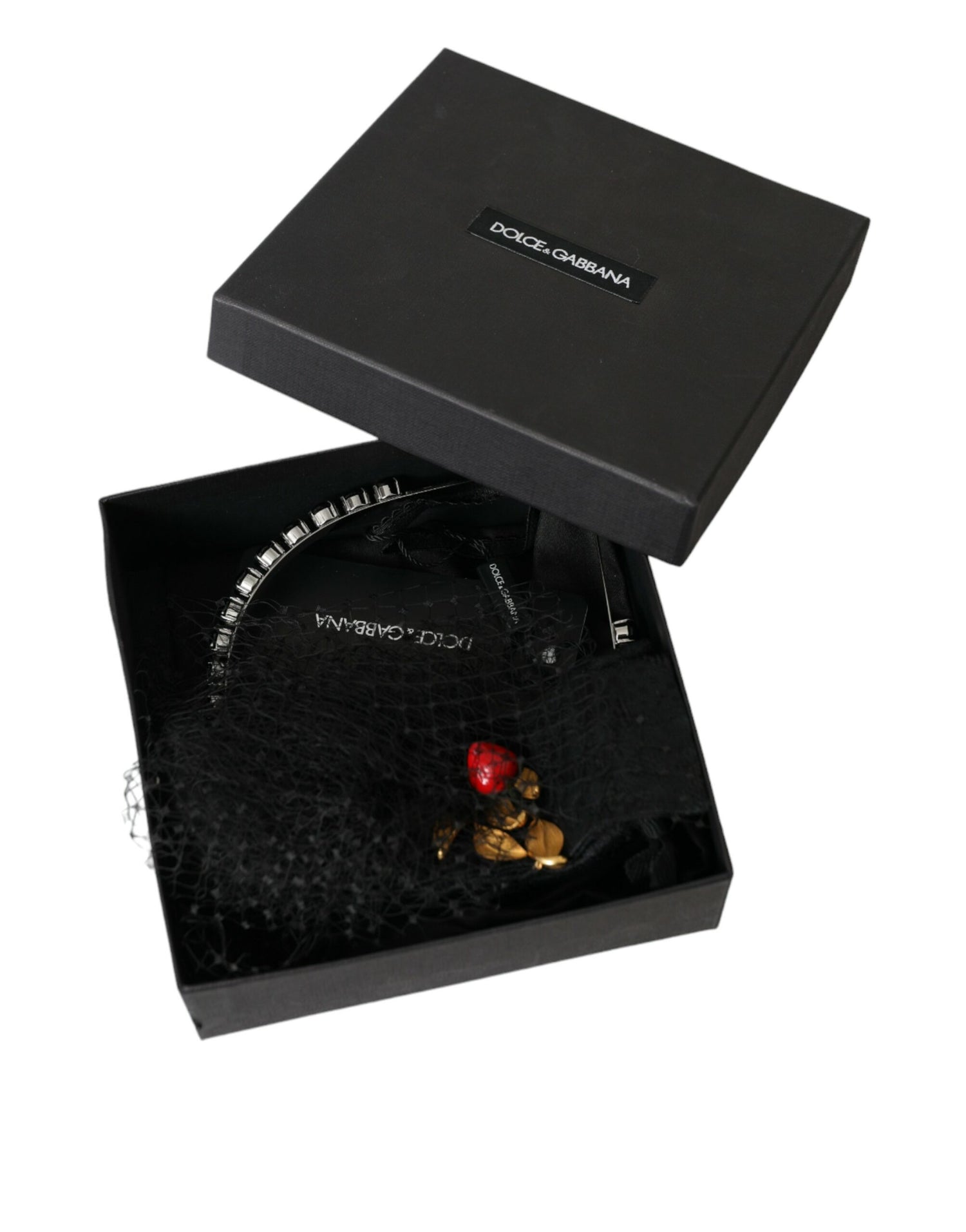 Dolce &amp; Gabbana Black Strawberry Sicily Crystal Mesh Net Headband Diadem