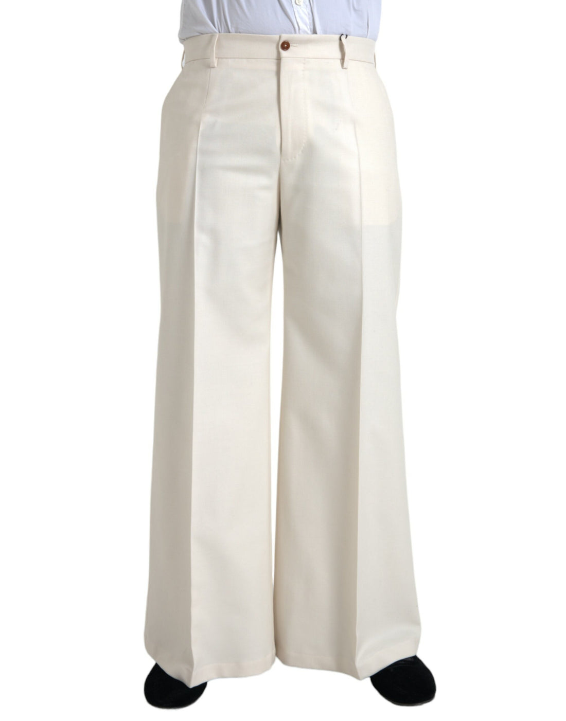 Dolce &amp; Gabbana White Wool Wide Leg Mid Waist Pants