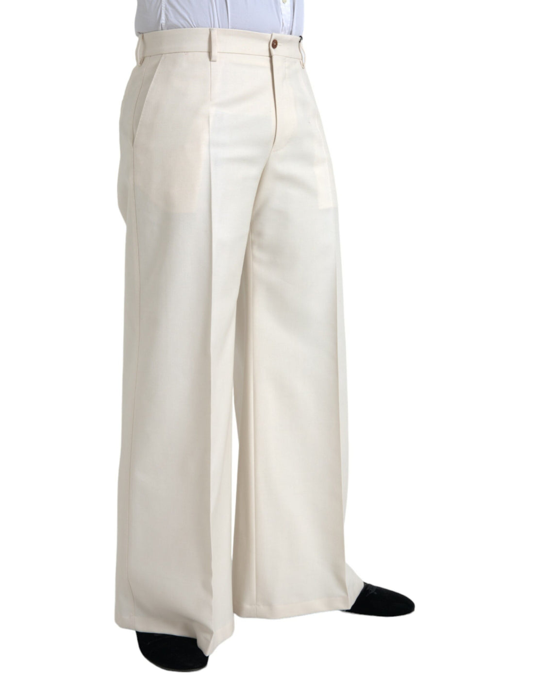 Dolce &amp; Gabbana White Wool Wide Leg Mid Waist Pants