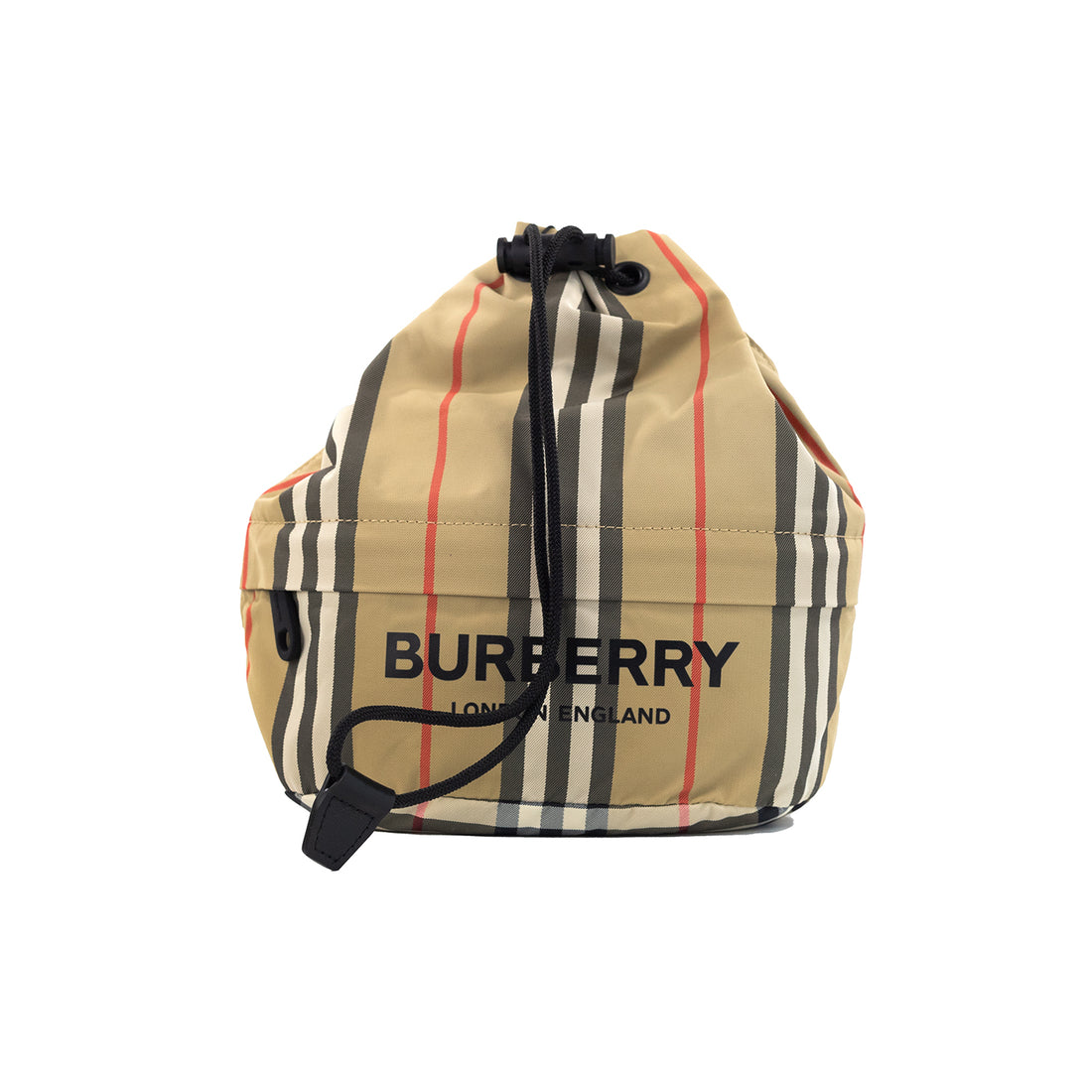 Burberry Phoebe Heritage Stripe Beige Eco Nylon Drawstring Bucket Bag