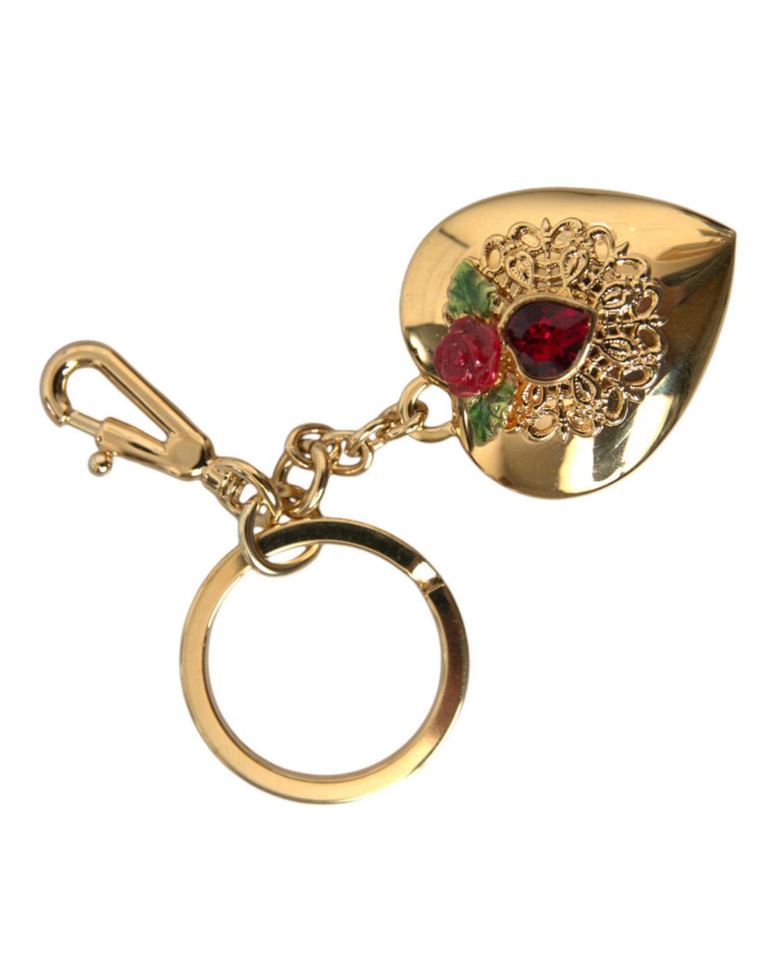 Dolce &amp; Gabbana Metallic Gold Brass Heart Floral Pendant Keychain Keyring