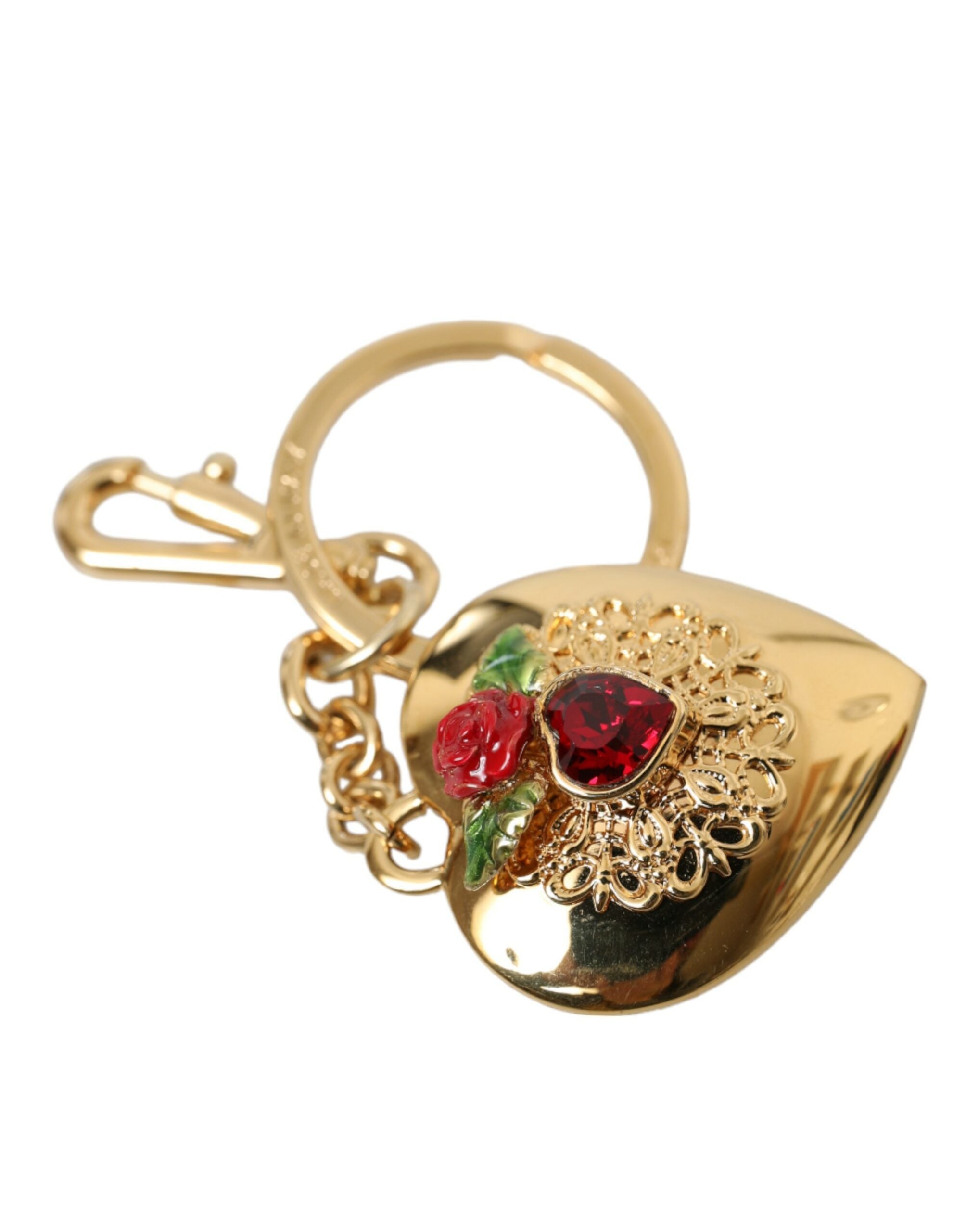 Dolce &amp; Gabbana Metallic Gold Brass Heart Floral Pendant Keychain Keyring