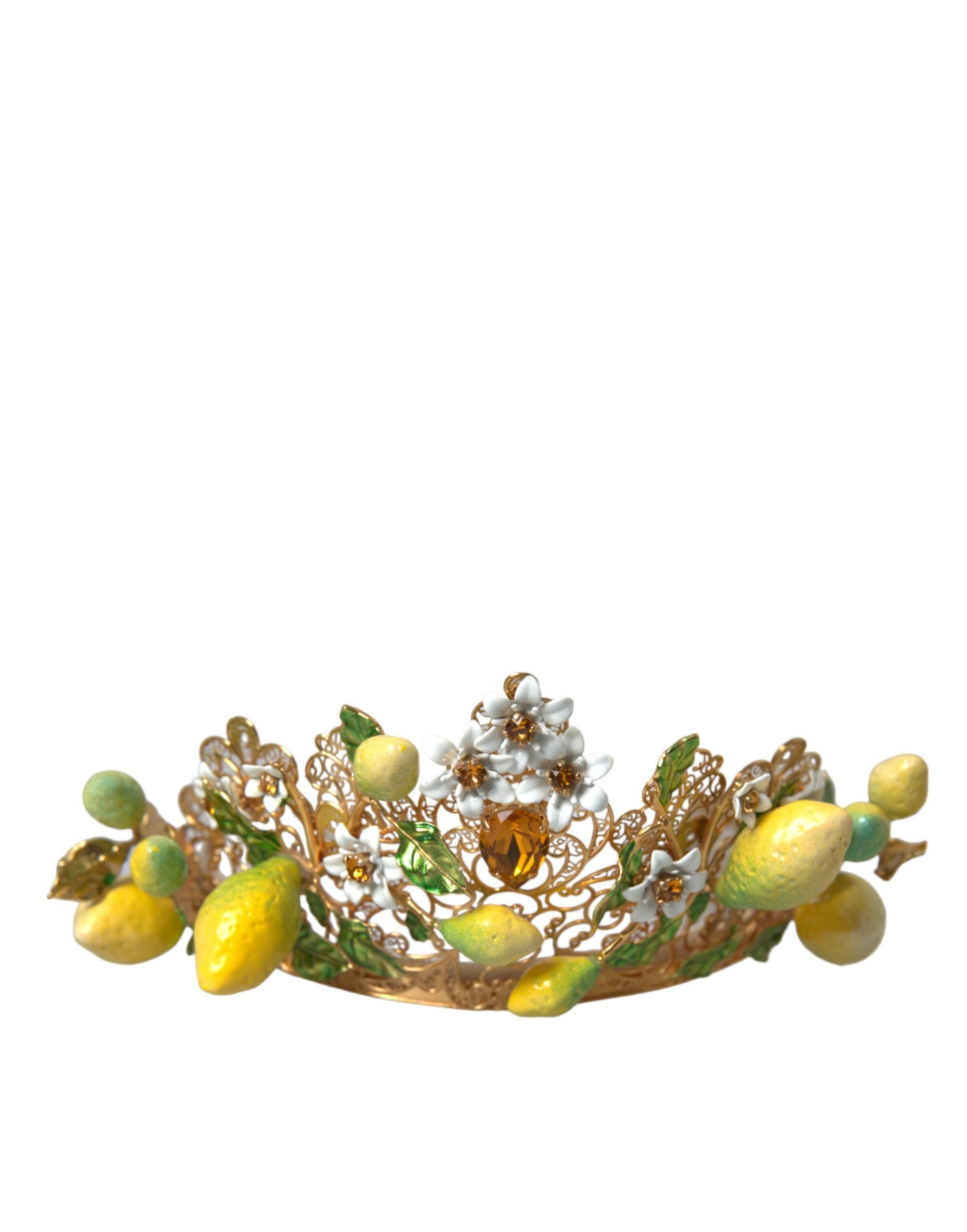 Dolce &amp; Gabbana Gold Tone Brass Crystal Sicily Lemon Head Crown Tiara