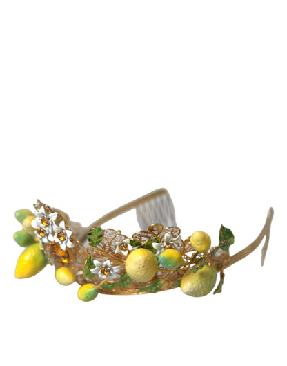 Dolce &amp; Gabbana Gold Tone Brass Crystal Sicily Lemon Head Crown Tiara