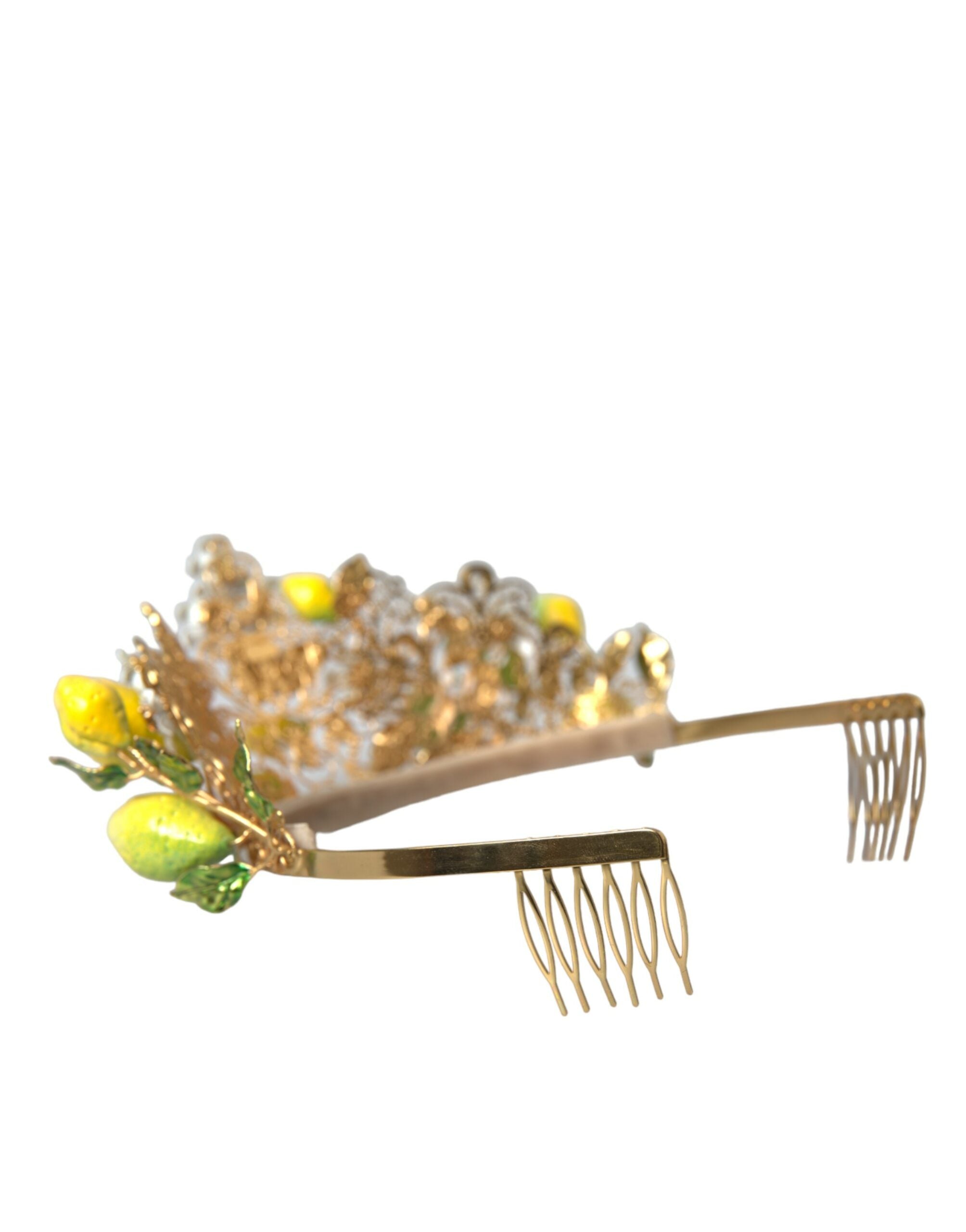 Dolce &amp; Gabbana Gold Tone Brass Crystal Sicily Lemon Head Crown Tiara