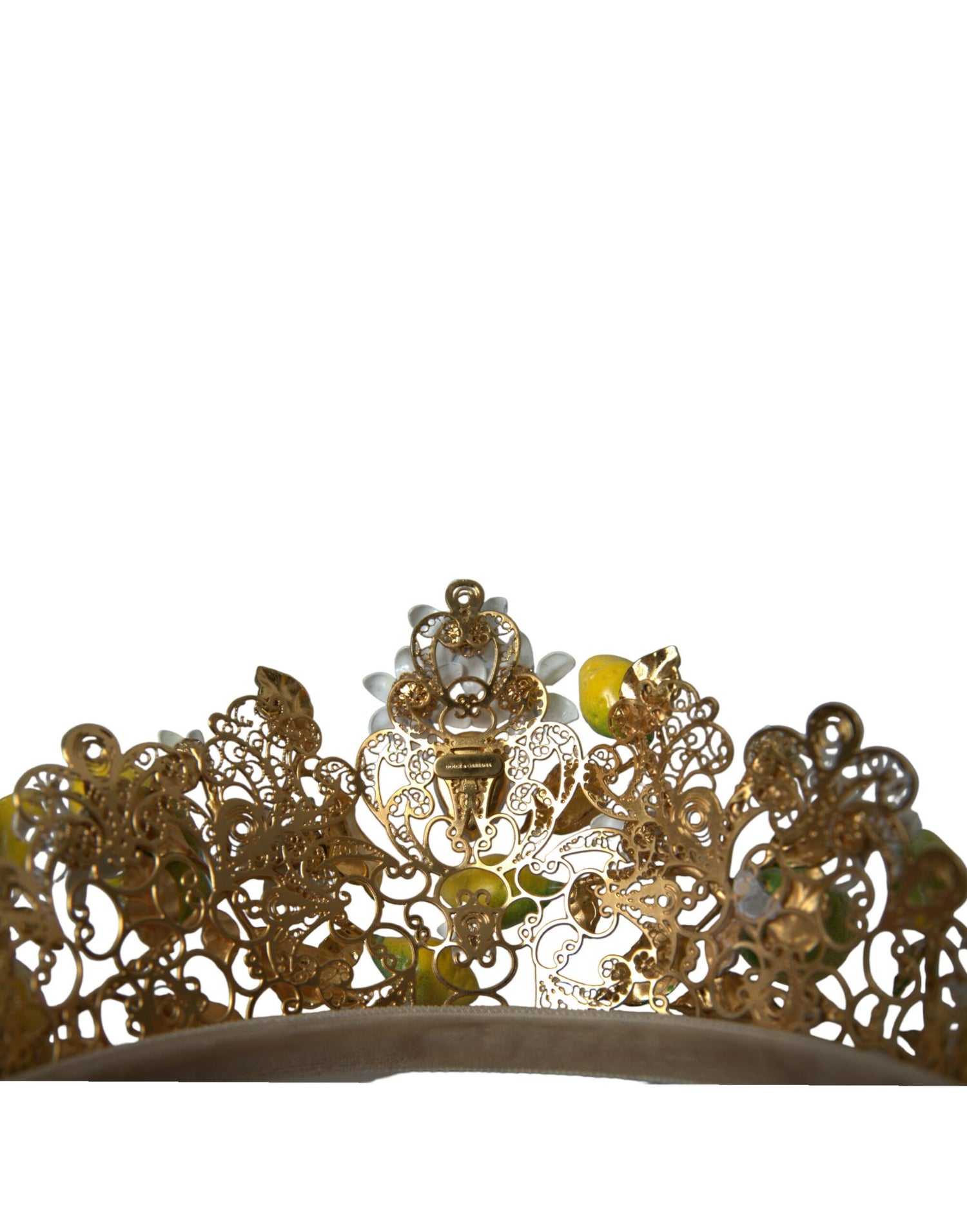 Dolce &amp; Gabbana Gold Tone Brass Crystal Sicily Lemon Head Crown Tiara