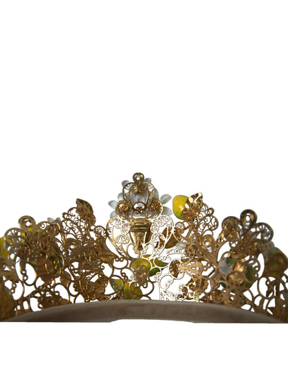 Dolce &amp; Gabbana Gold Tone Brass Crystal Sicily Lemon Head Crown Tiara