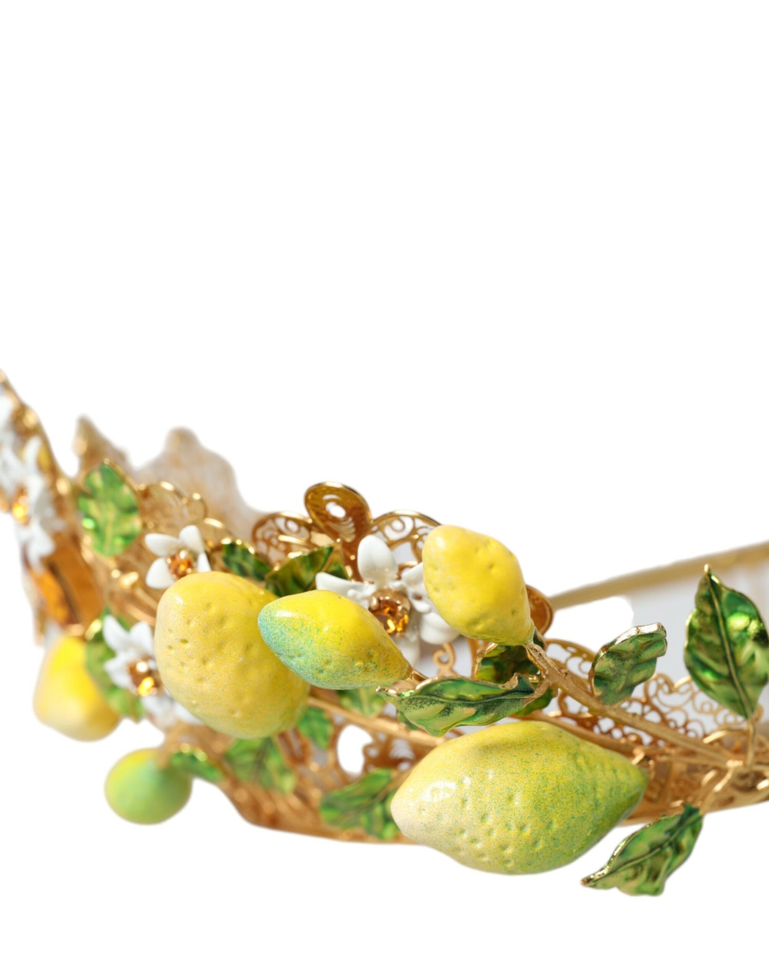 Dolce &amp; Gabbana Gold Tone Brass Crystal Sicily Lemon Head Crown Tiara