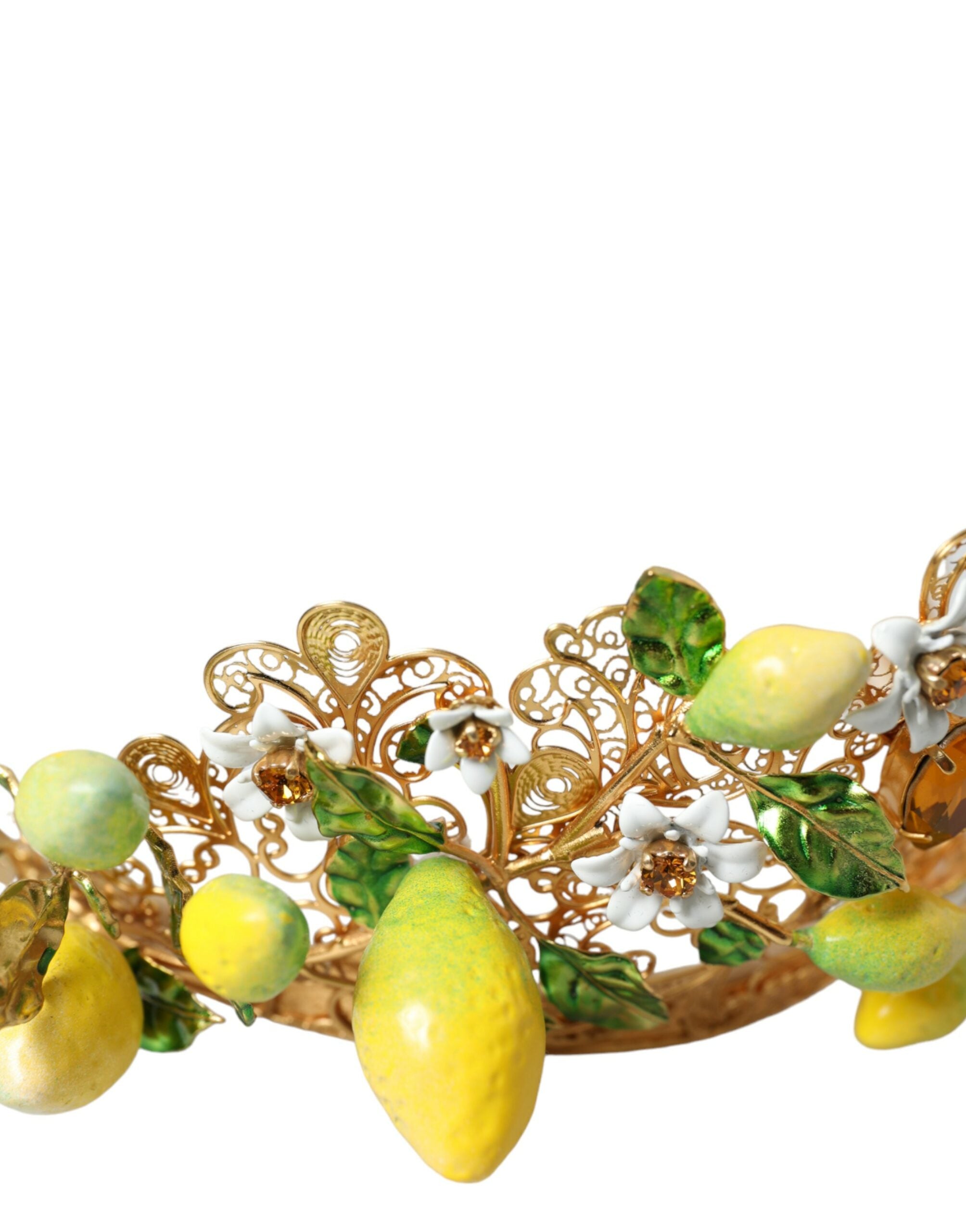 Dolce &amp; Gabbana Gold Tone Brass Crystal Sicily Lemon Head Crown Tiara