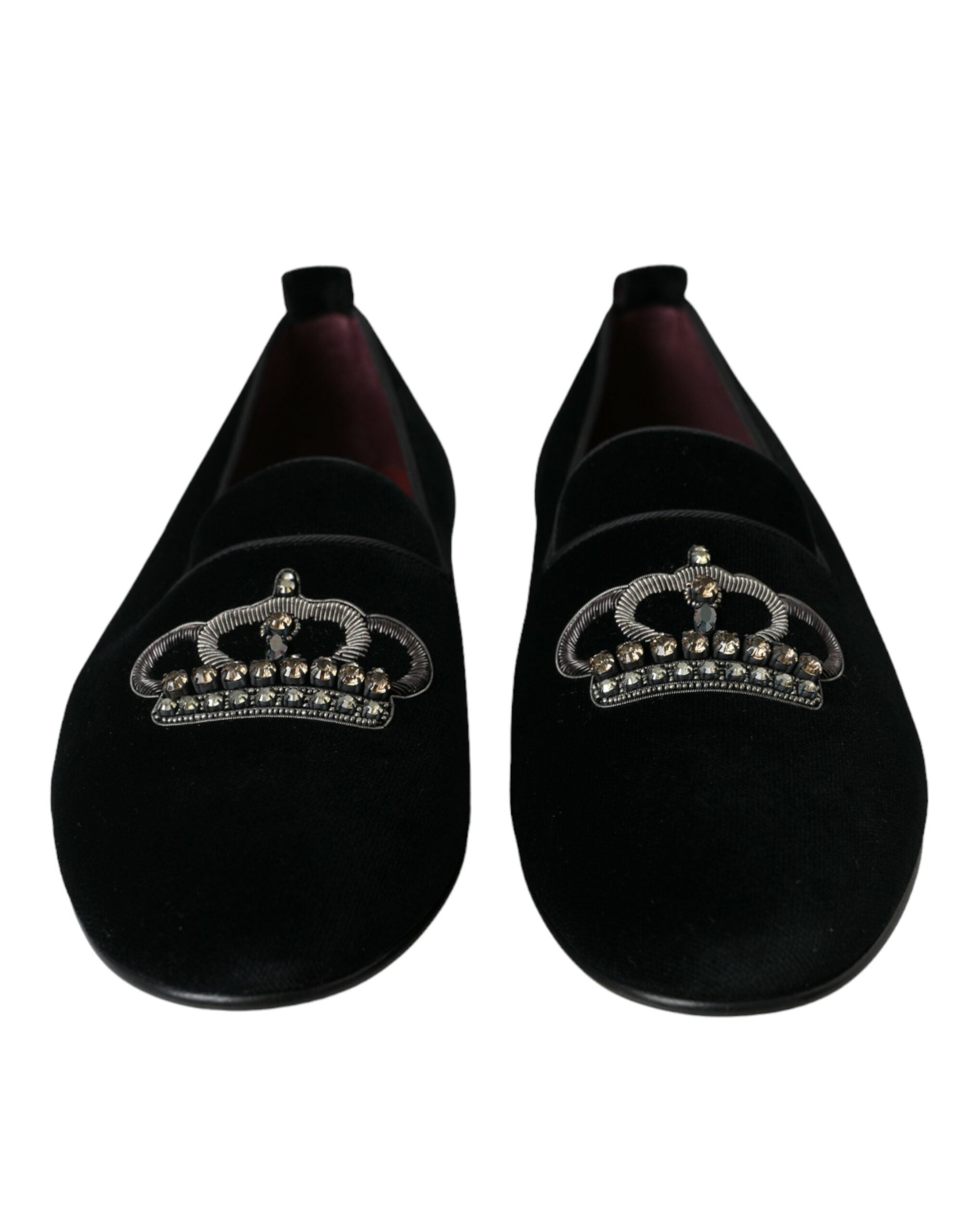 Dolce &amp; Gabbana Black Velvet Crystal Crown Men Loafers Shoes