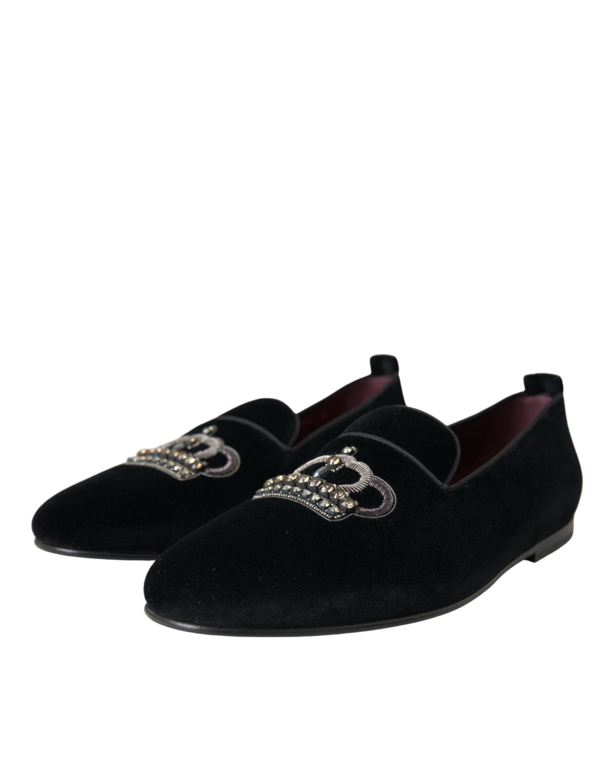 Dolce &amp; Gabbana Black Velvet Crystal Crown Men Loafers Shoes