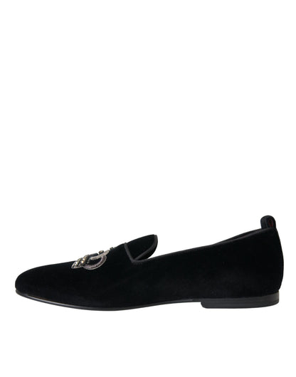 Dolce &amp; Gabbana Black Velvet Crystal Crown Men Loafers Shoes