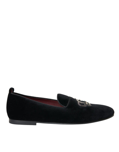 Dolce &amp; Gabbana Black Velvet Crystal Crown Men Loafers Shoes