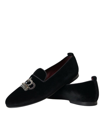 Dolce &amp; Gabbana Black Velvet Crystal Crown Men Loafers Shoes