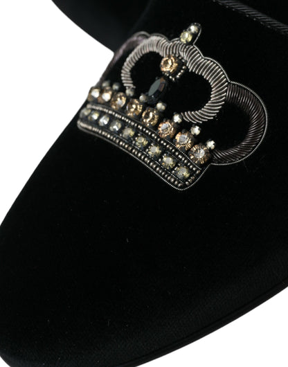 Dolce &amp; Gabbana Black Velvet Crystal Crown Men Loafers Shoes