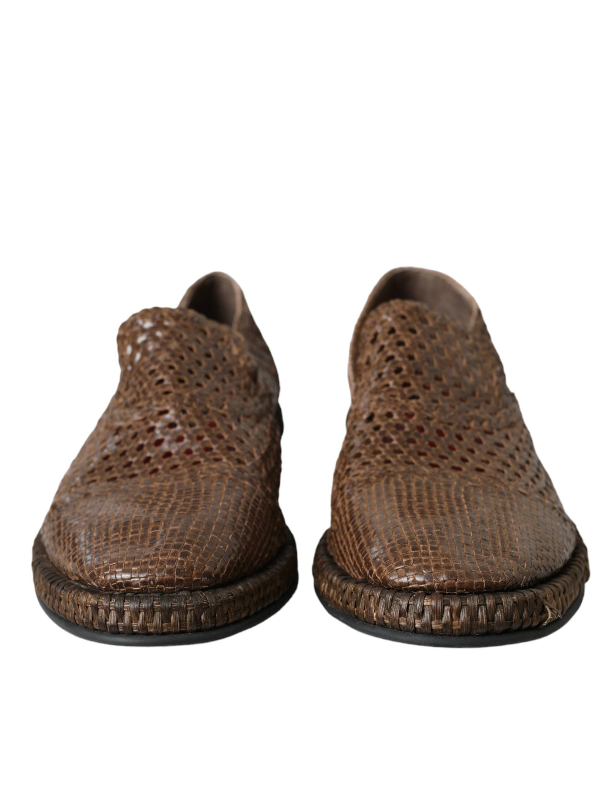 Dolce &amp; Gabbana Brown Woven Leather Loafers Casual Shoes