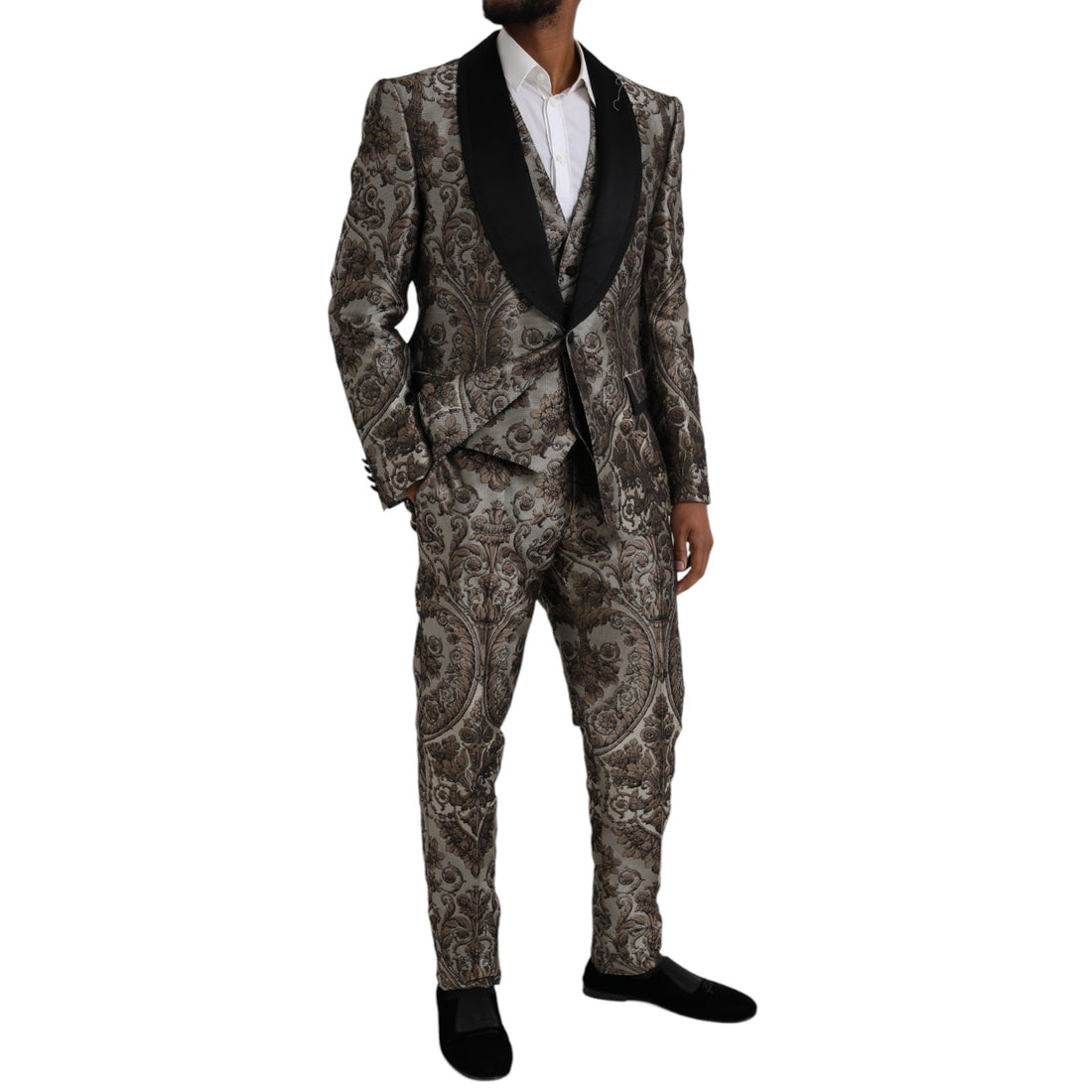 Dolce &amp; Gabbana Brown Floral Jacquard Formal 3 Piece Suit