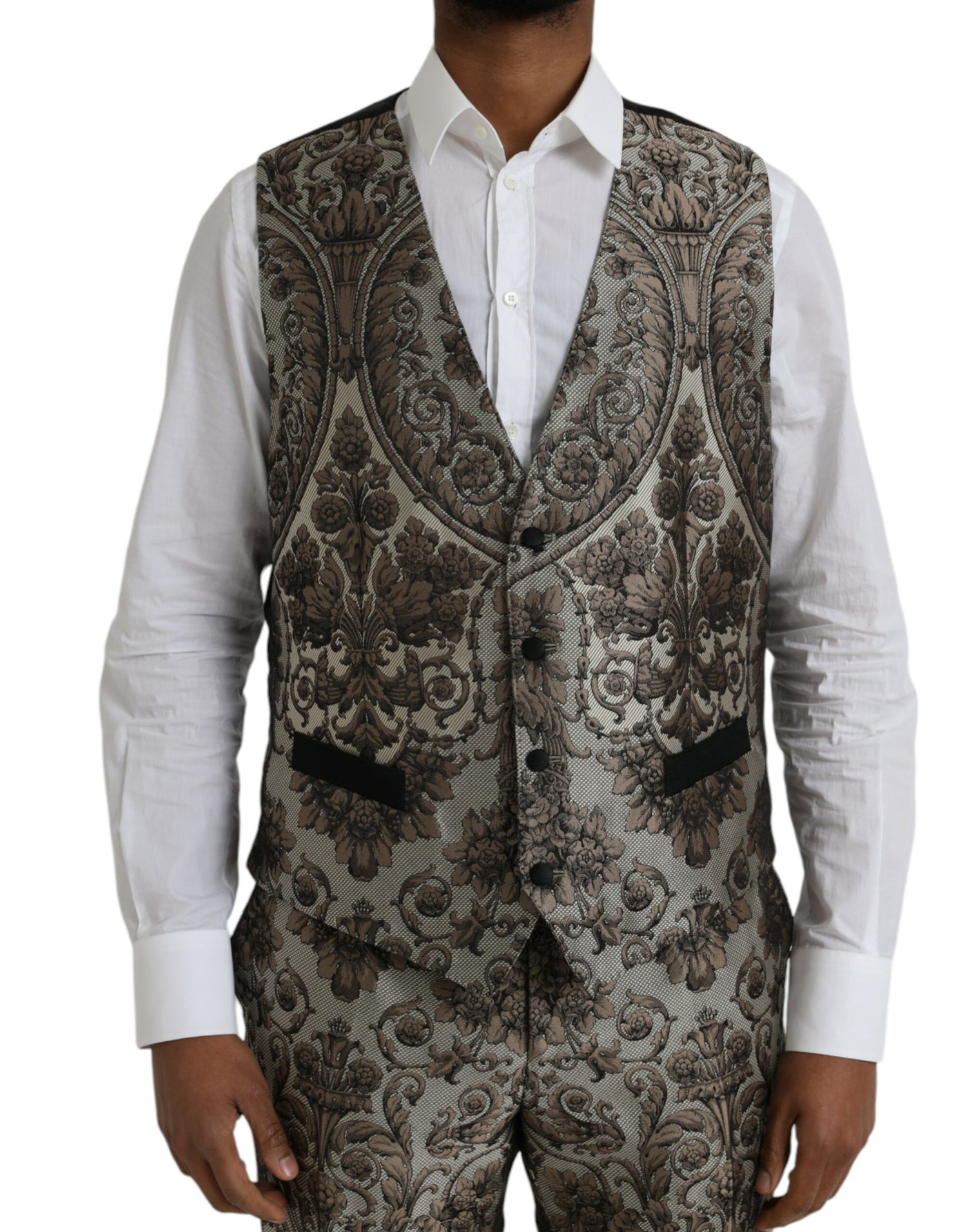 Dolce &amp; Gabbana Brown Floral Jacquard Formal 3 Piece Suit