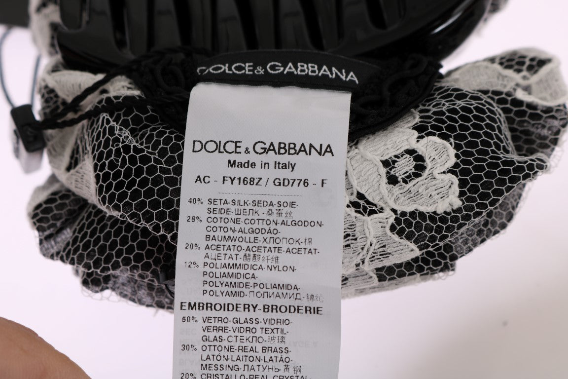 Dolce &amp; Gabbana Elegant Black &amp; White Floral Lace Crystal Hair Claw