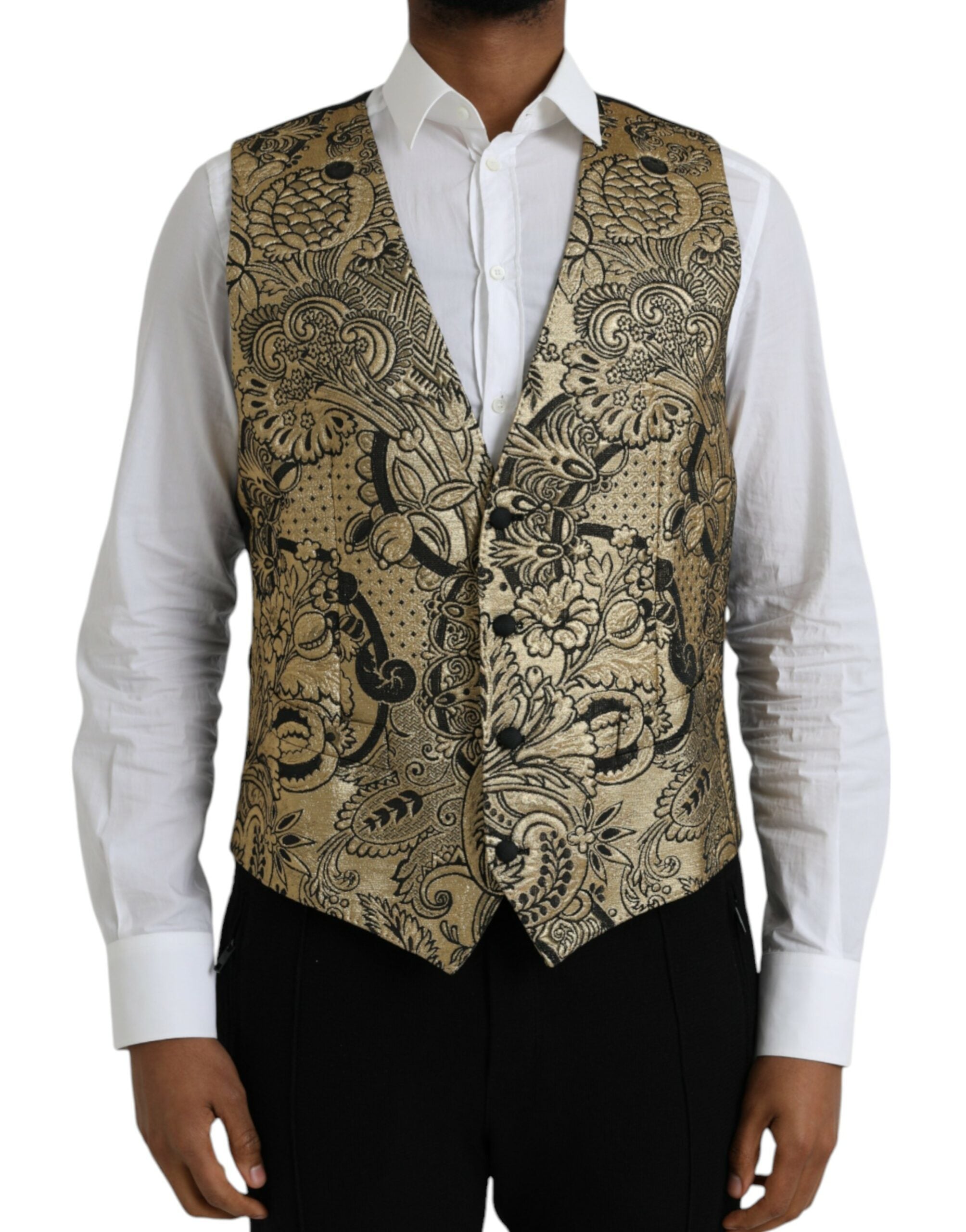 Dolce &amp; Gabbana Gold Floral Jacquard Waistcoat Formal Vest