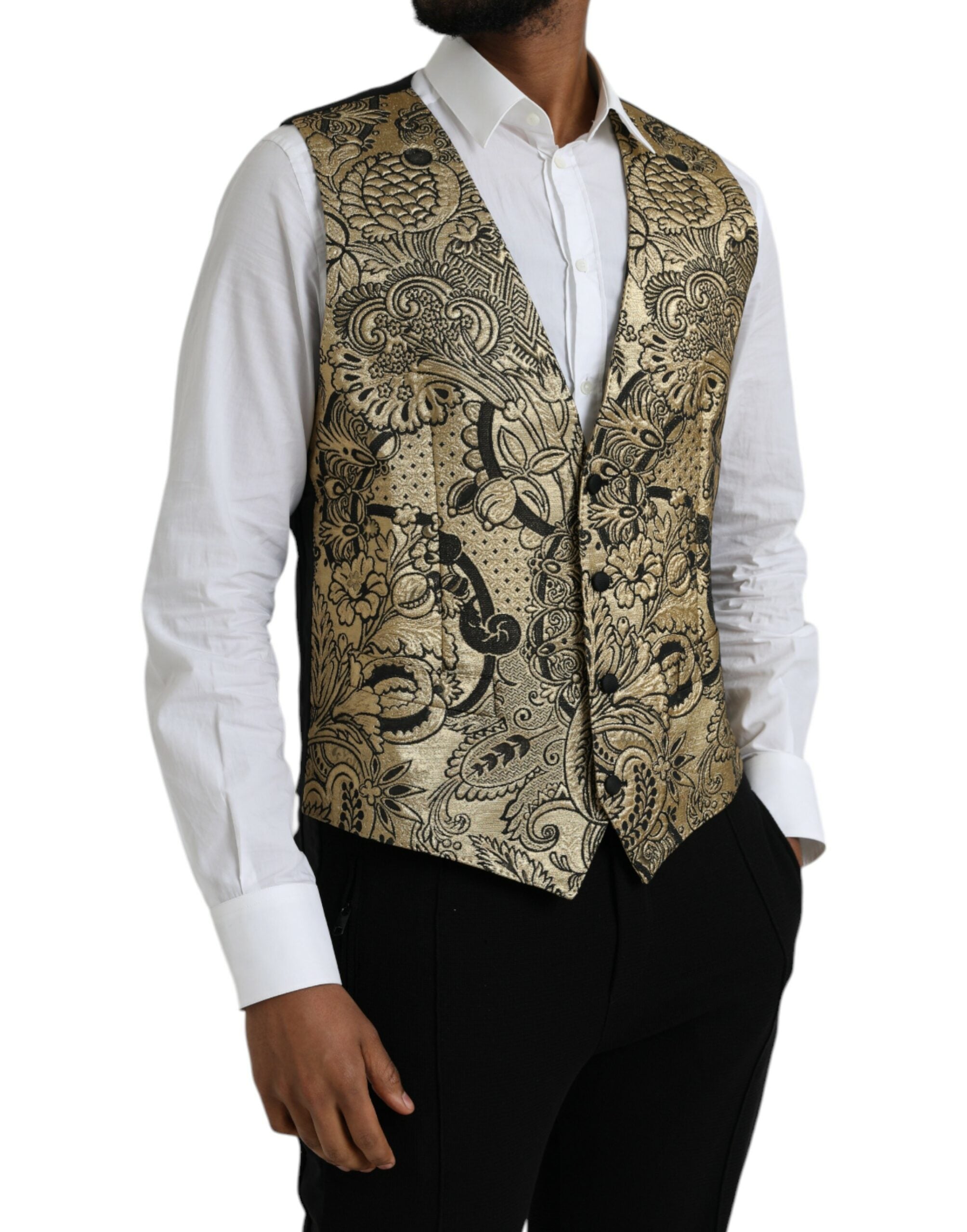 Dolce &amp; Gabbana Gold Floral Jacquard Waistcoat Formal Vest