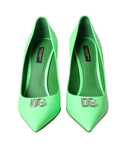 Dolce &amp; Gabbana Neon Green Patent Leather Logo Pumps Shoes