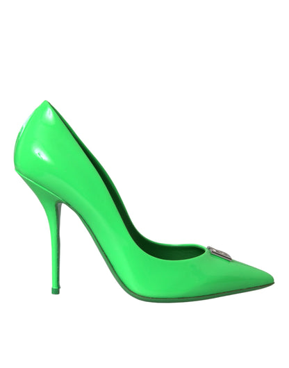 Dolce &amp; Gabbana Neon Green Patent Leather Logo Pumps Shoes