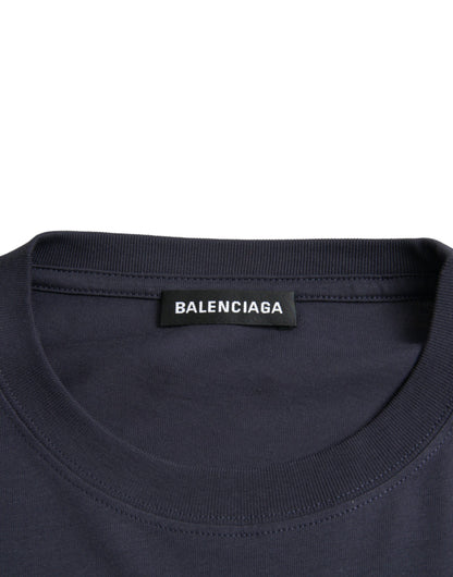 Balenciaga Dark Blue Cotton Logo Crew Neck Short Sleeves T-shirt