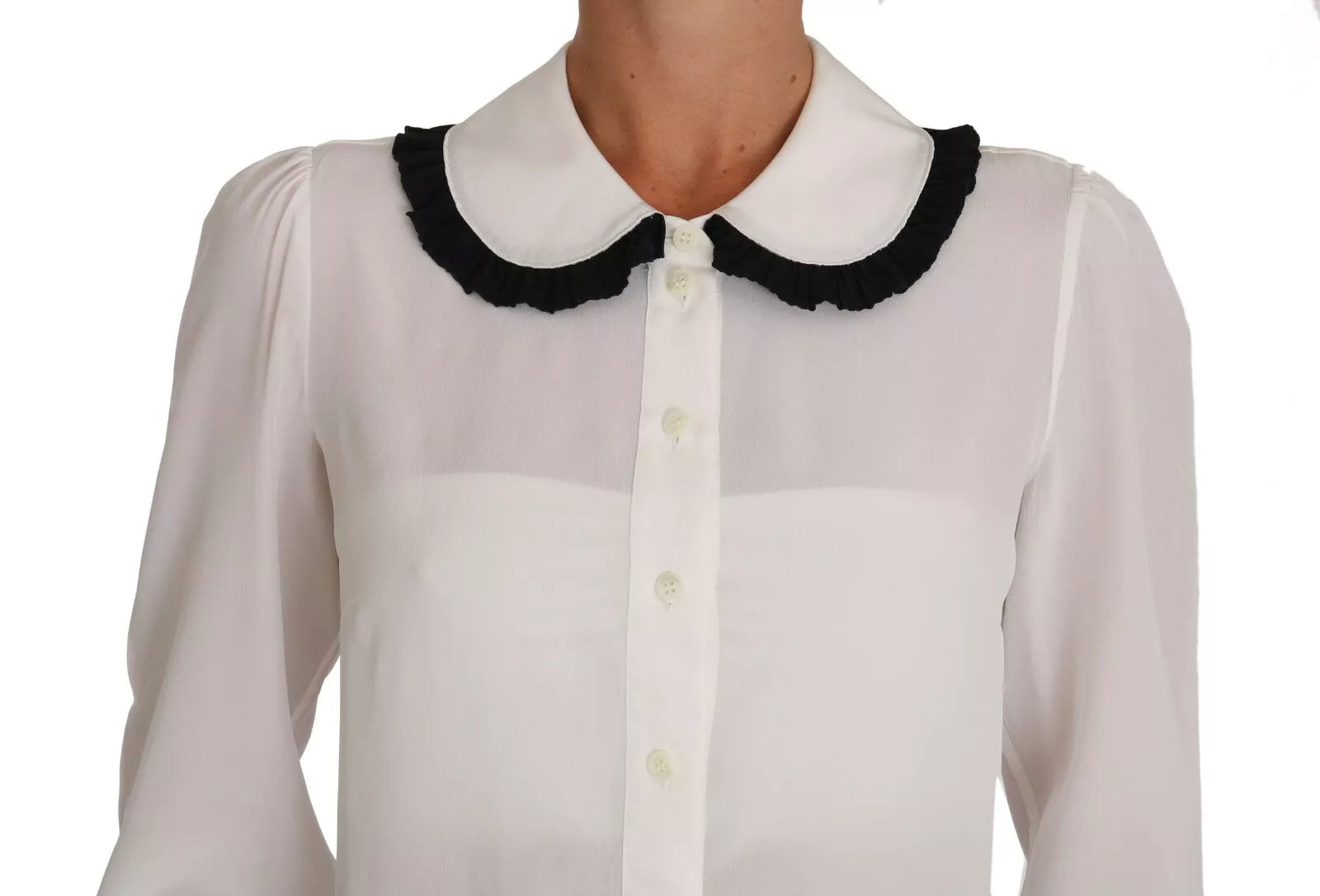 Dolce &amp; Gabbana White Silk Shirt Ruffle Rouded Collar Blouse