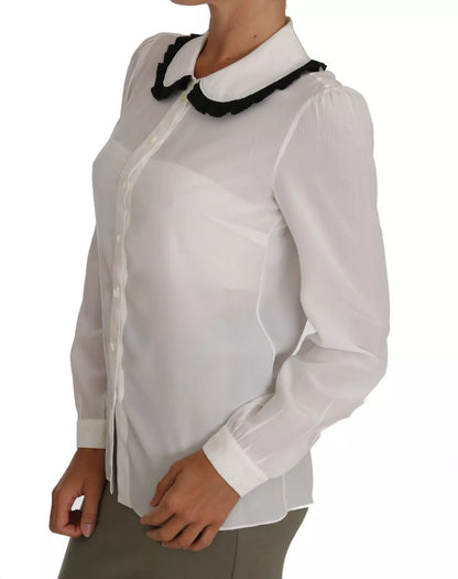 Dolce &amp; Gabbana White Silk Shirt Ruffle Rouded Collar Blouse