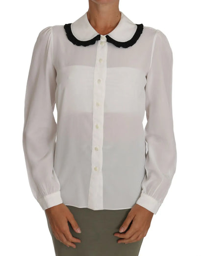 Dolce &amp; Gabbana White Silk Shirt Ruffle Rouded Collar Blouse