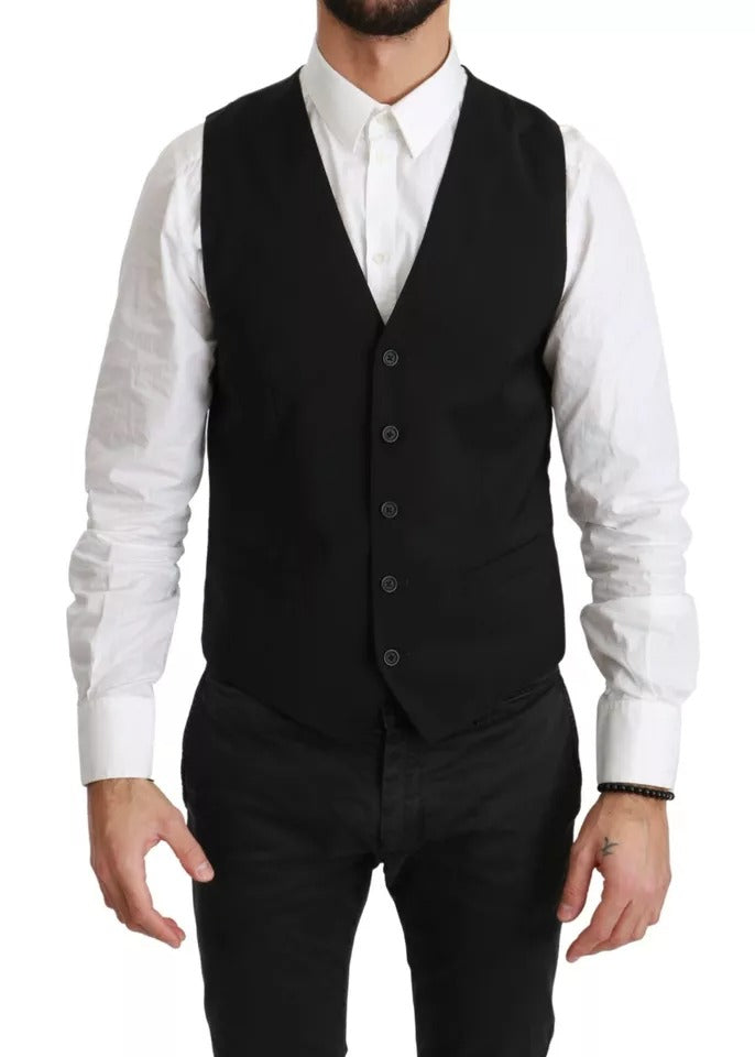 Dolce &amp; Gabbana Black Wool Stretch Waistcoat Formal Dress Vest