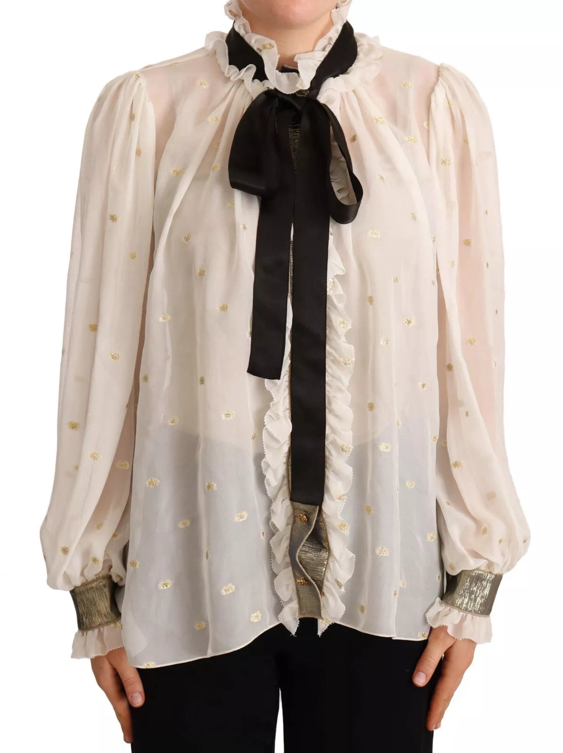 Dolce &amp; Gabbana Off White Silk Blend Ascot Collar Blouse Top