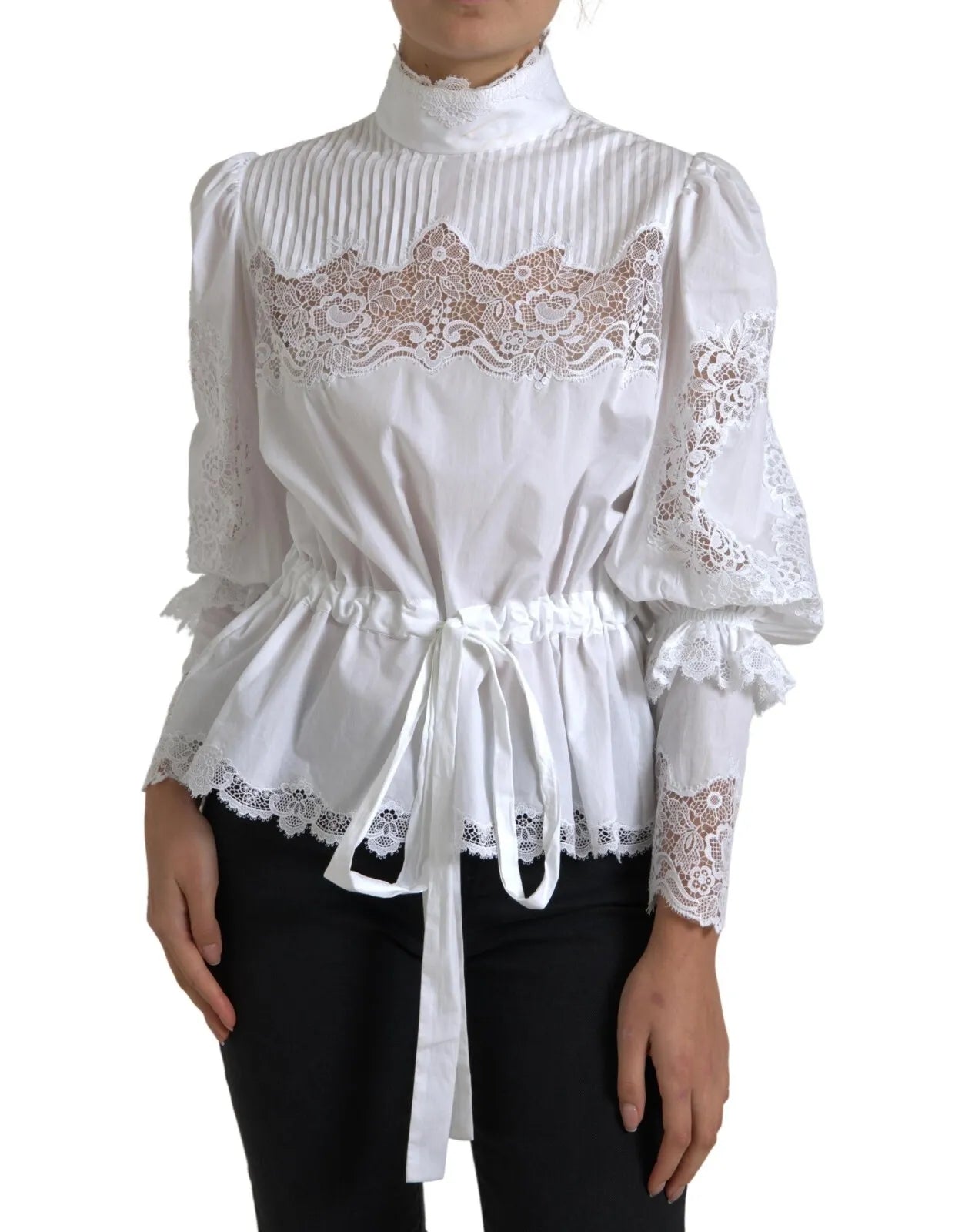 Dolce &amp; Gabbana White Cotton Lace Trim Turtle Neck Top Blouse