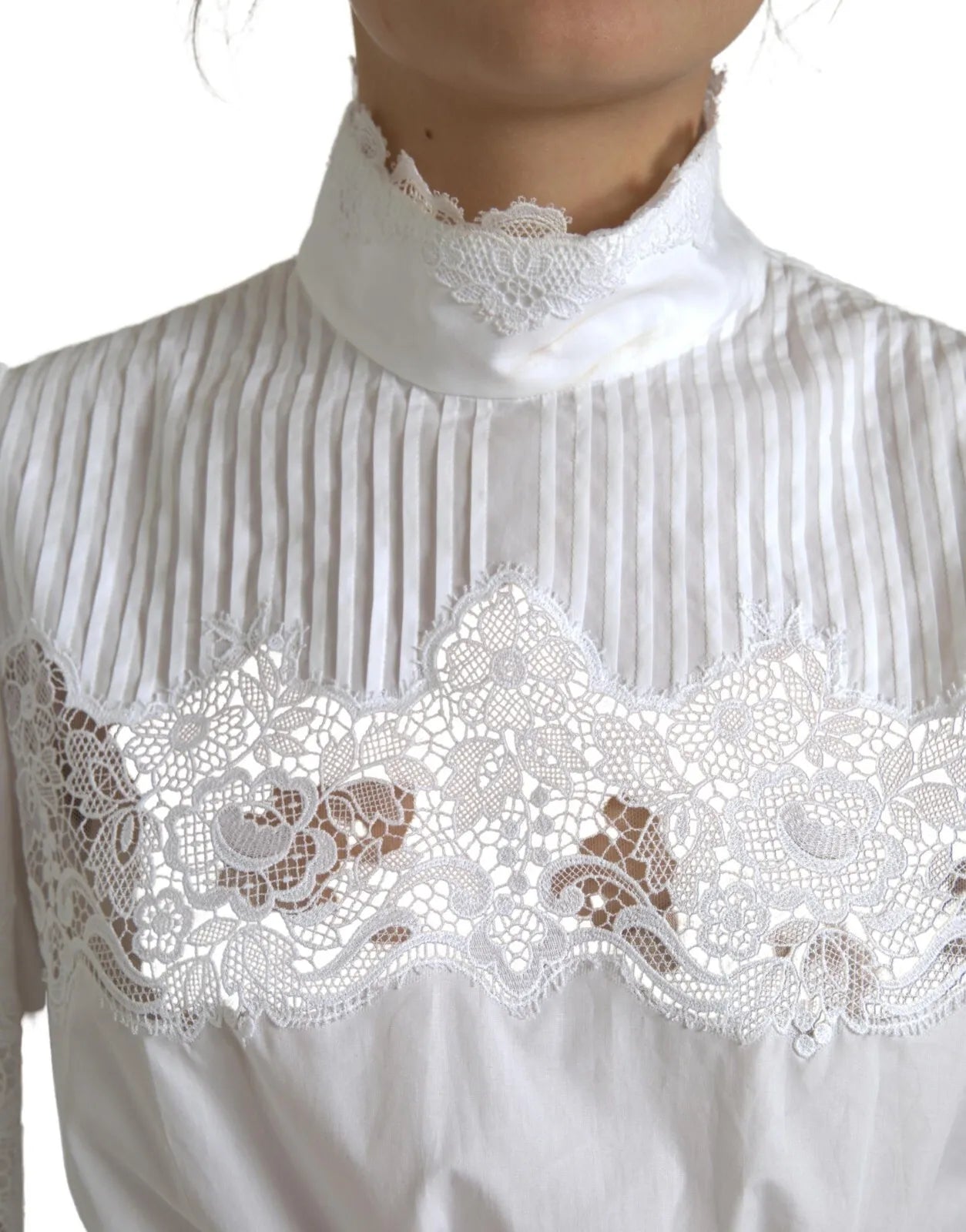 Dolce &amp; Gabbana White Cotton Lace Trim Turtle Neck Top Blouse