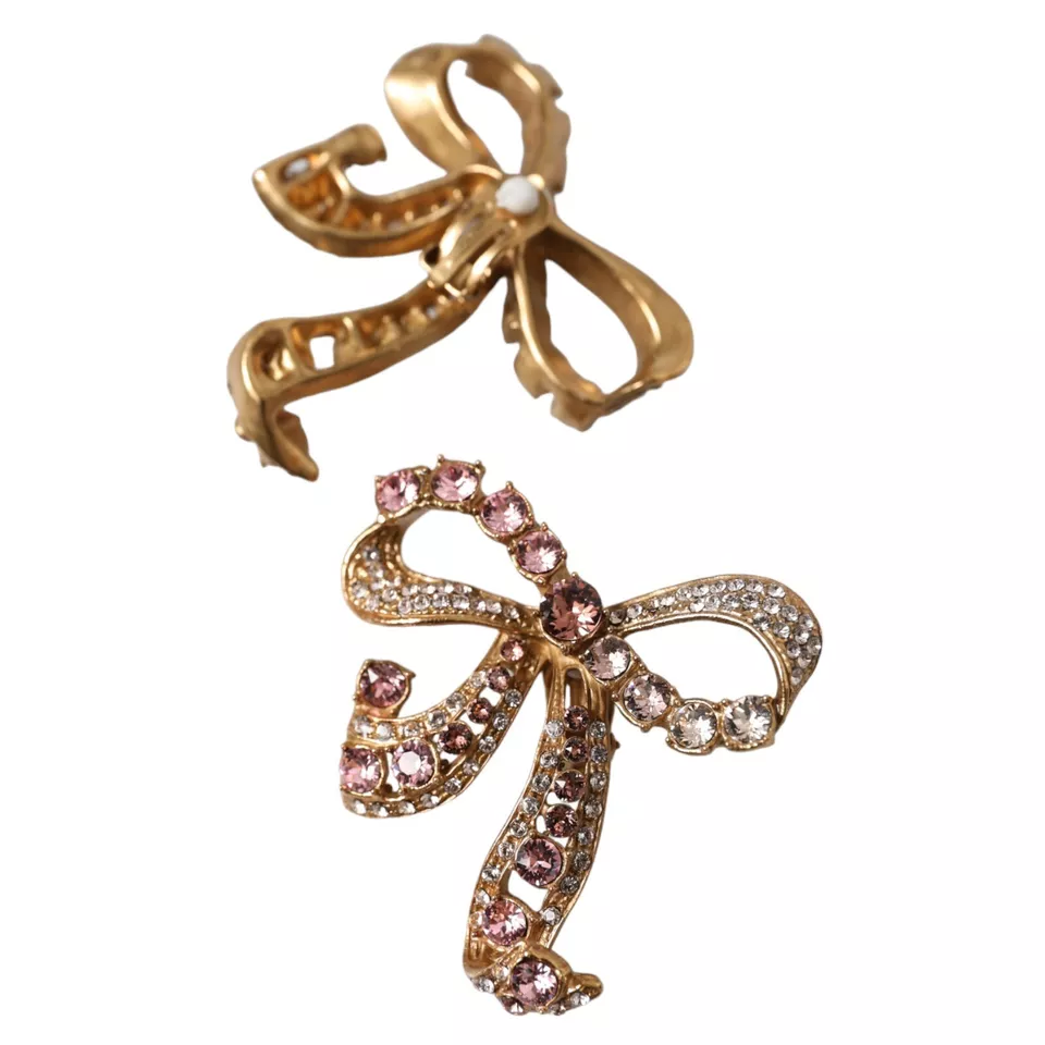 Dolce &amp; Gabbana Gold Brass Pink Clear Crystal Bow Fiocchi Christmas