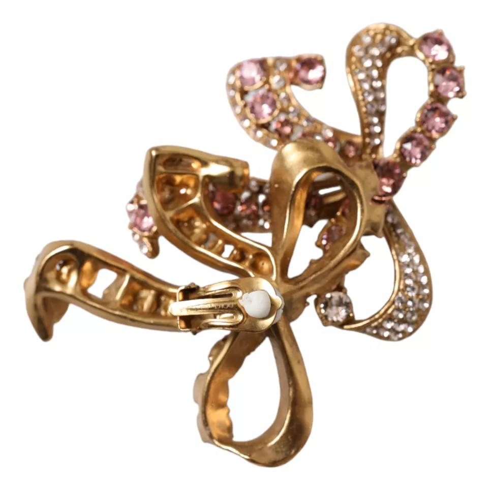 Dolce &amp; Gabbana Gold Brass Pink Clear Crystal Bow Fiocchi Christmas