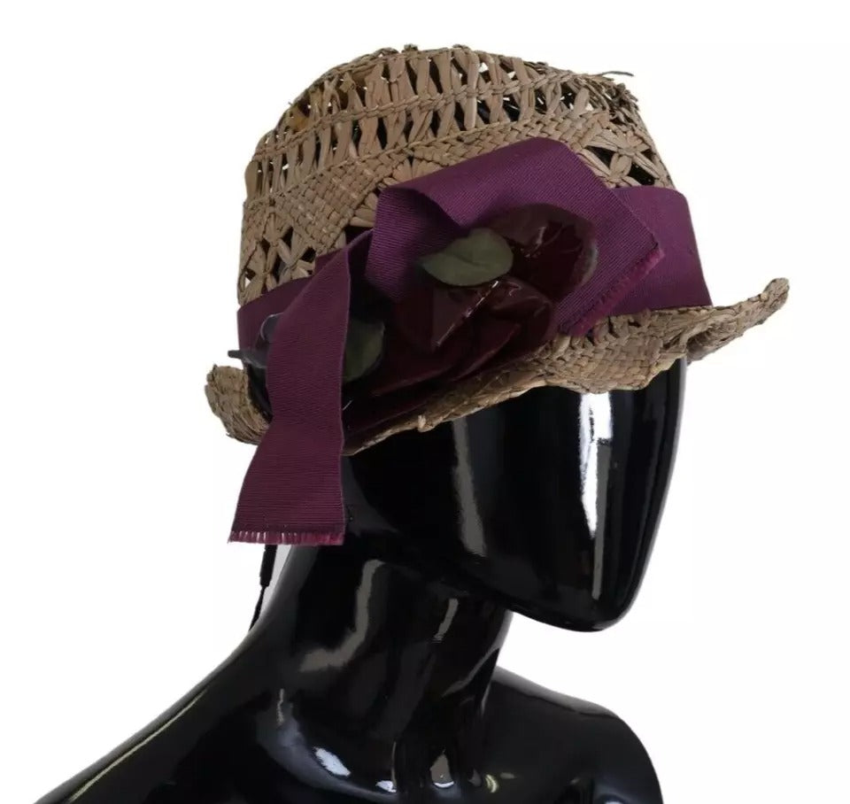 Dolce &amp; Gabbana Brown Ribbon Floral Embellished Straw Hat