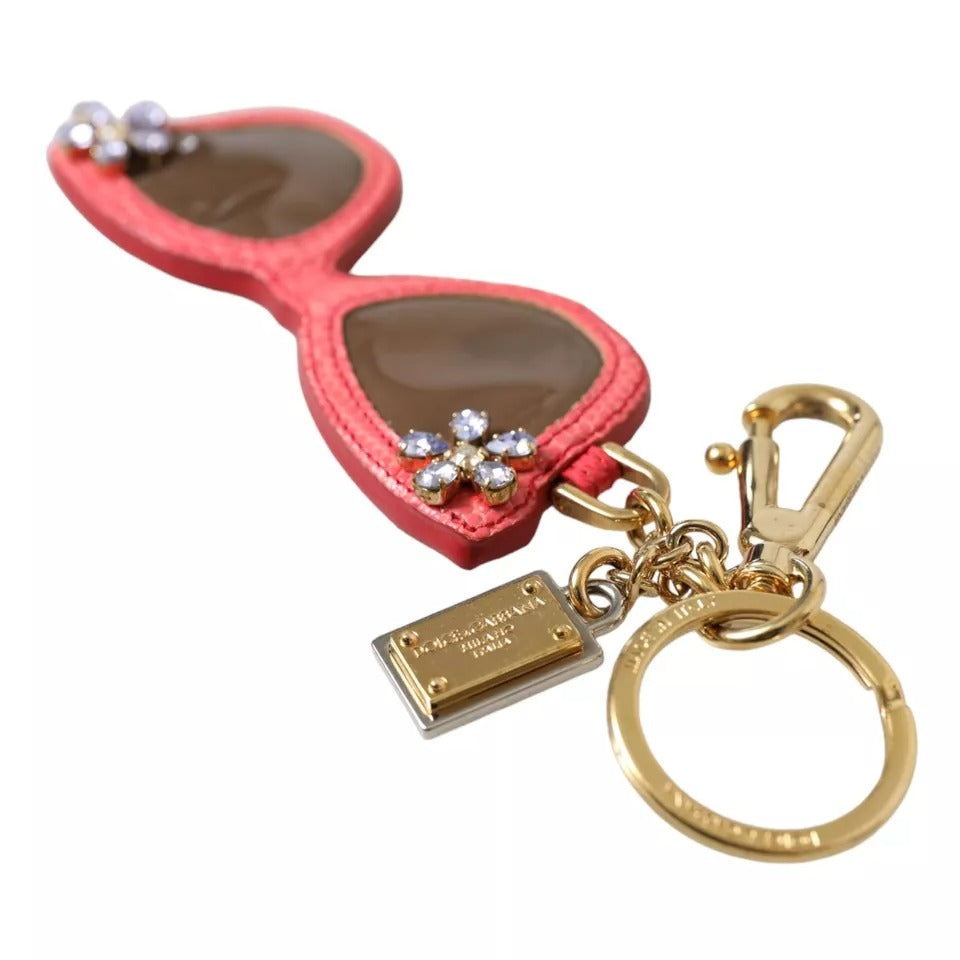 Dolce &amp; Gabbana Red Leather Crystal Sunglasses Gold Metal Keyring Keychain