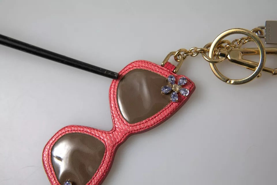 Dolce &amp; Gabbana Red Leather Crystal Sunglasses Gold Metal Keyring Keychain