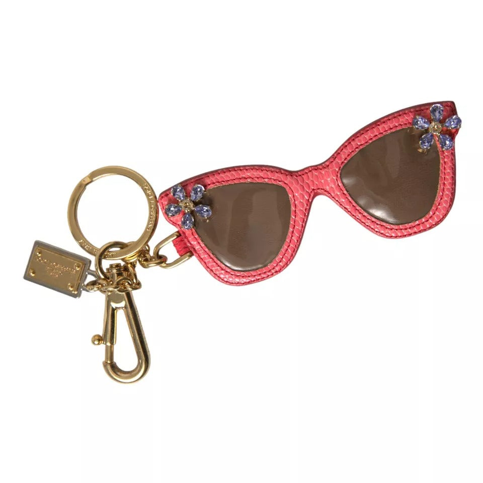 Dolce &amp; Gabbana Red Leather Crystal Sunglasses Gold Metal Keyring Keychain