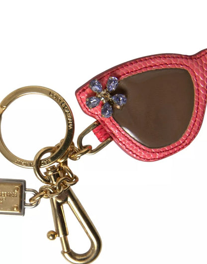 Dolce &amp; Gabbana Red Leather Crystal Sunglasses Gold Metal Keyring Keychain