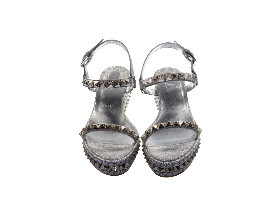 Christian Louboutin Pyraclou 60 Silver Studded Platform Wedge Sandals